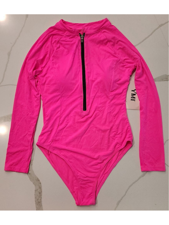 YMI Other - NWT YMI Knockout Pink Long Sleeve One Piece Swimsuit Black Zip Front Women’s L